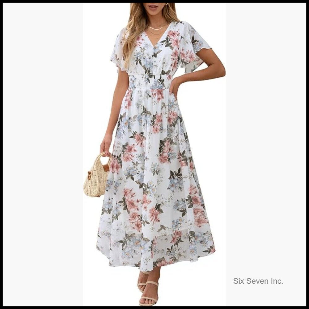 Polyester Maxi Dress V-Neck Short Sleeve High Waist Flowy Casual